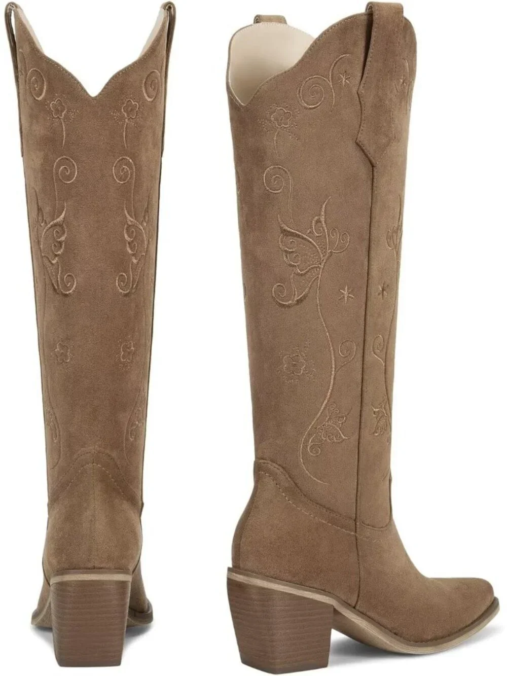 Women's Suede Tan Chunky Heel Slip on Pointed Knee High Cowgirl Tall Boots